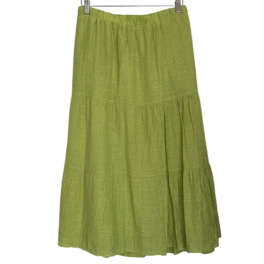 Nanette Lepore Women’s Tiered Midi Skirt Sz XL Green Metallic Gold Sparkles Boho
